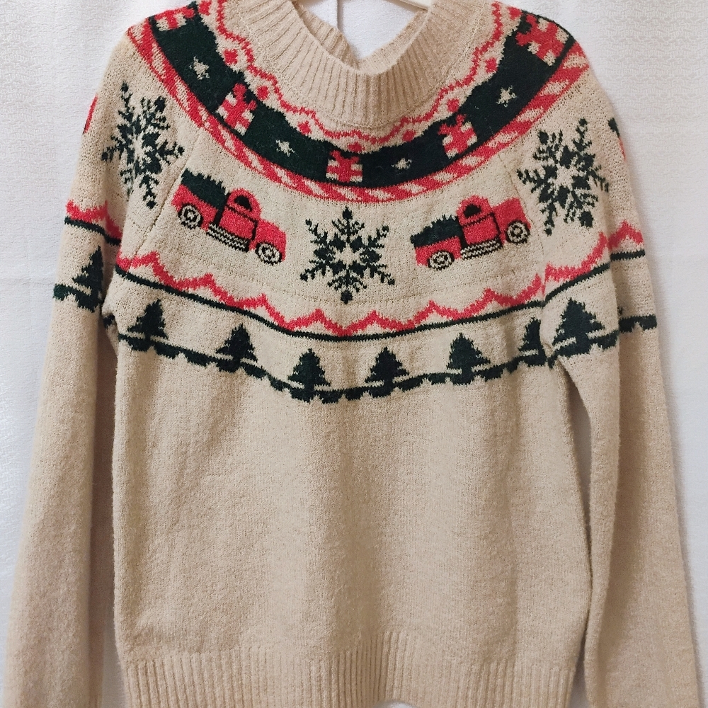 Maurices Beige Christmas Sweater with Red Truck Pattern
